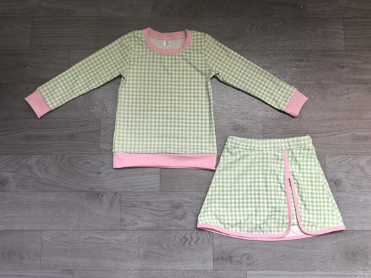 9.7 GLD1800 Preorder Green Checkered Pink Edge Top Skirts Girls Yoga Clothes Set