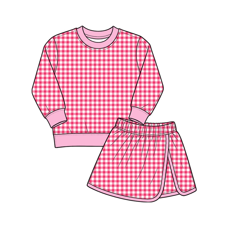 9.7 GLD1801 Preorder Pink Checkered Top Skirts Girls Yoga Clothes Set