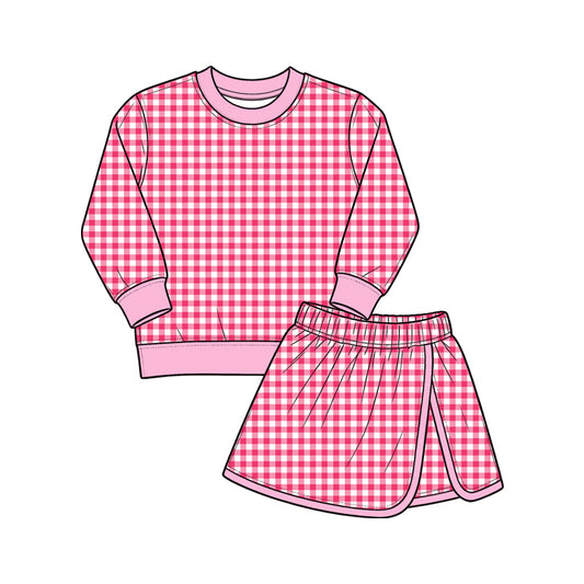 9.7 GLD1801 Preorder Pink Checkered Top Skirts Girls Yoga Clothes Set