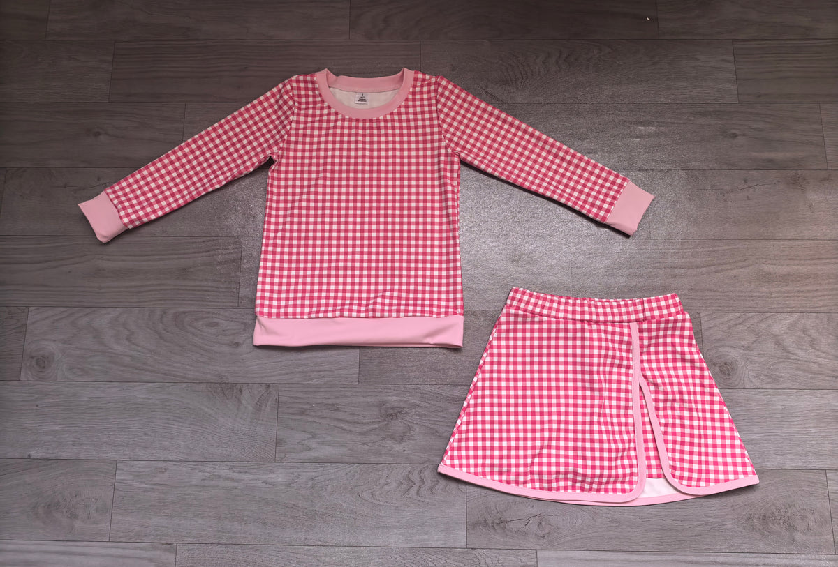 9.7 GLD1801 Preorder Pink Checkered Top Skirts Girls Yoga Clothes Set