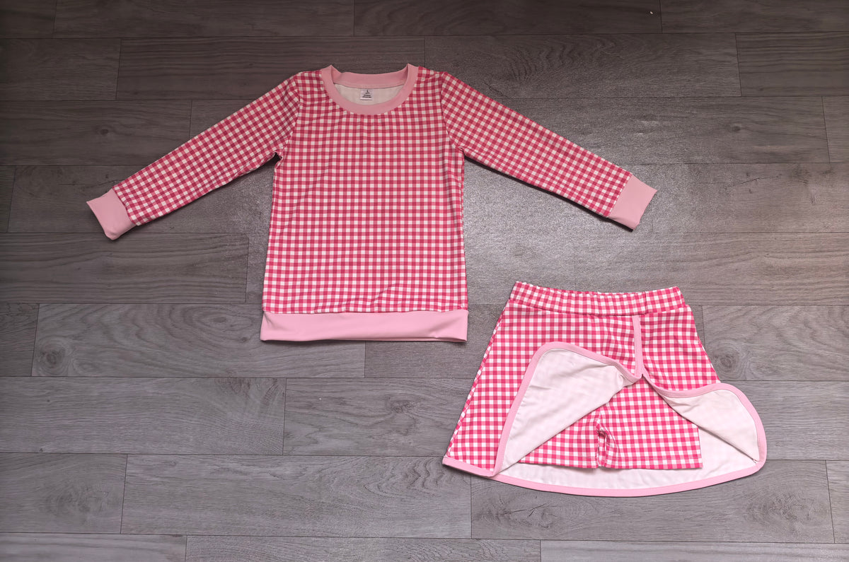 9.7 GLD1801 Preorder Pink Checkered Top Skirts Girls Yoga Clothes Set