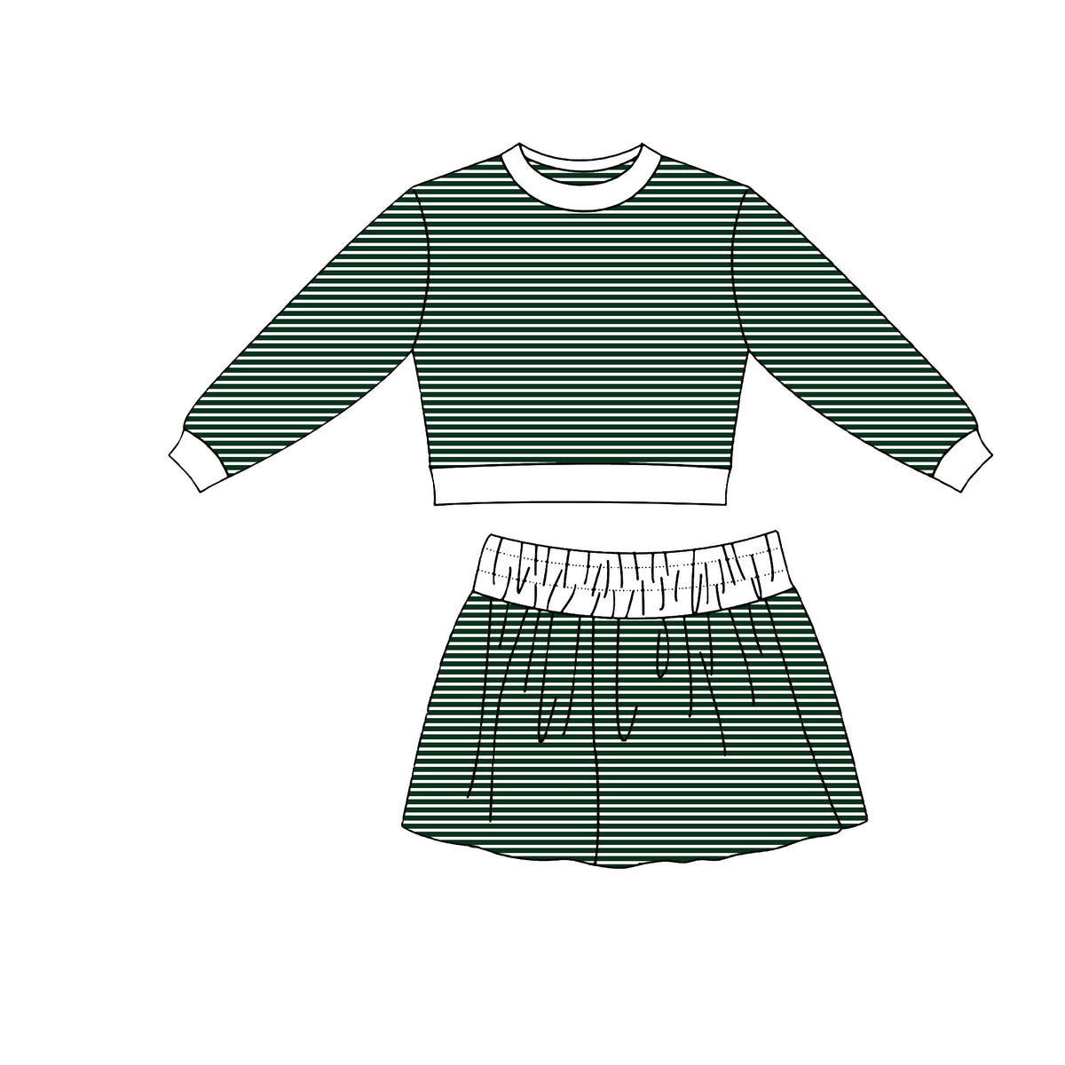 9.7 GLD1807 Preorder Dark Green Stripes Top Skirts Girls Yoga Clothes Set
