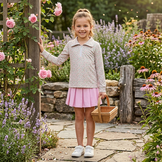 GLD1814 Baby Girls Floral Zipper Pullover Top Pink Pleated Skirt Active Outfit