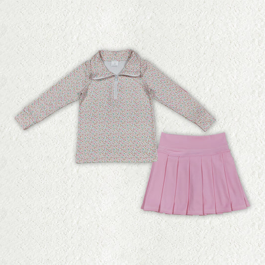 GLD1814 Baby Girls Floral Zipper Pullover Top Pink Pleated Skirt Active Outfit