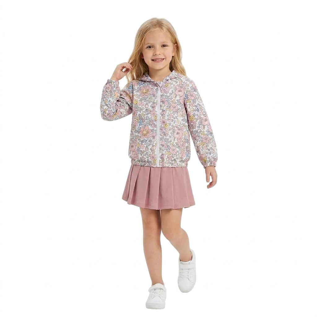 GLD1815  Baby Girls Floral Hoodie Jacket Top Pink Pleated Skirts Active Outfit