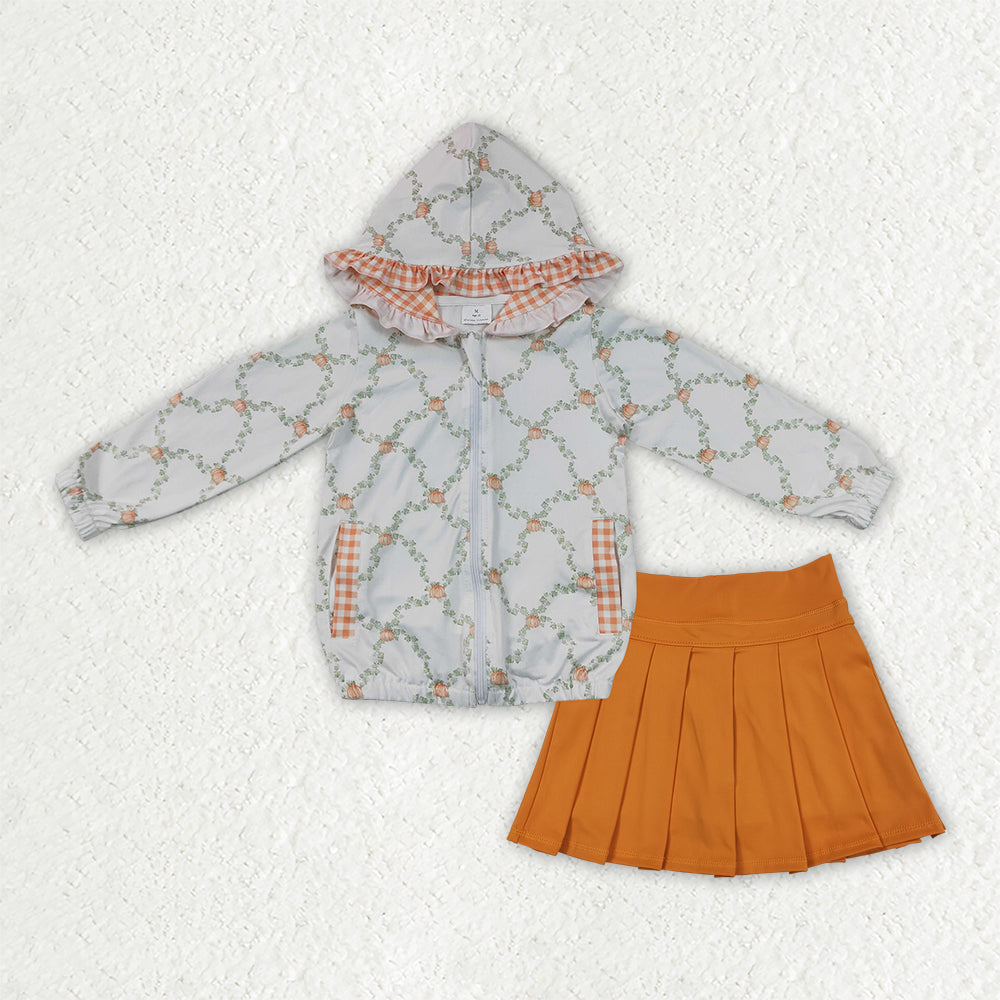GLD1816 Pumpkin Hoodie Jacket Top Orange Pleated Skirts Girls Fall Active Clothes Set