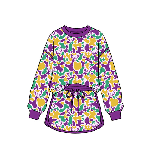 9.12 GLD1823 Preorder Mardi Gras Purple Green Gold Camo Long Sleeve Top Skort Outfit