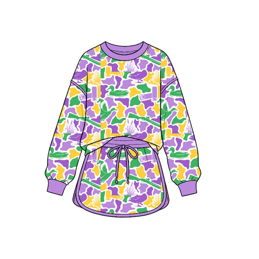 9.12 GLD1824 Preorder Mardi Gras Duck Camo Long Sleeve Top Skort Outfit
