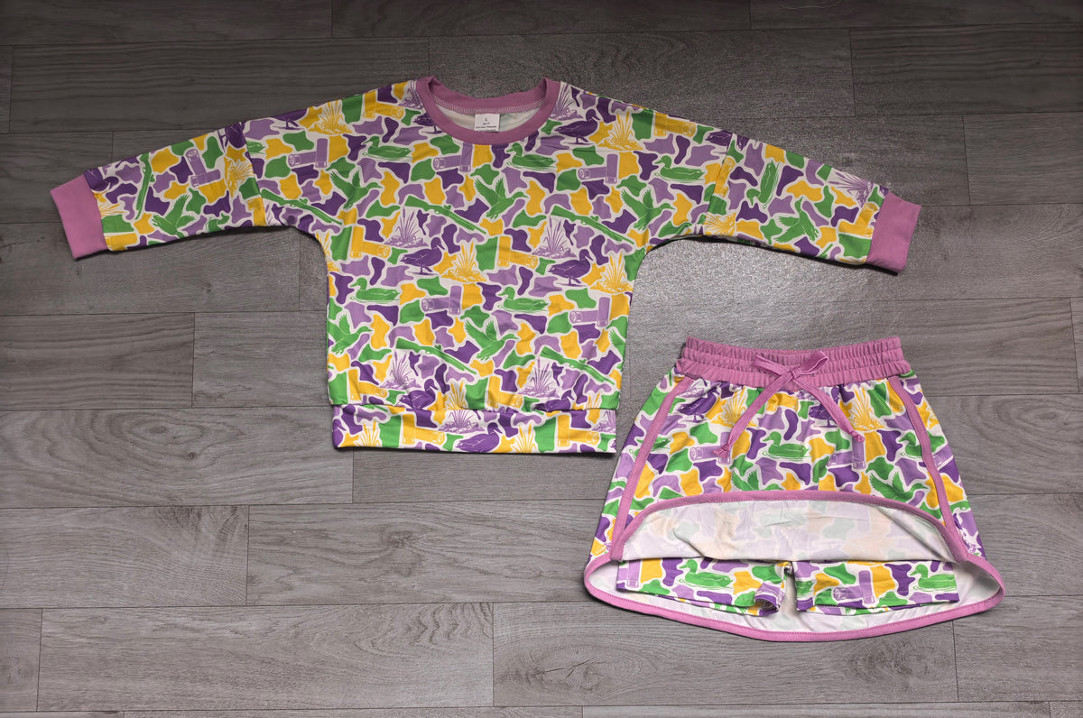 9.12 GLD1824 Preorder Mardi Gras Duck Camo Long Sleeve Top Skort Outfit