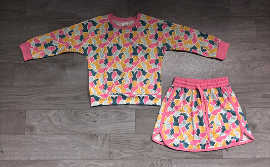9.12 GLD1825 Preorder Colorful Bunny Camo Print Long Sleeve Top Skirts Girls Easter Clothes Set
