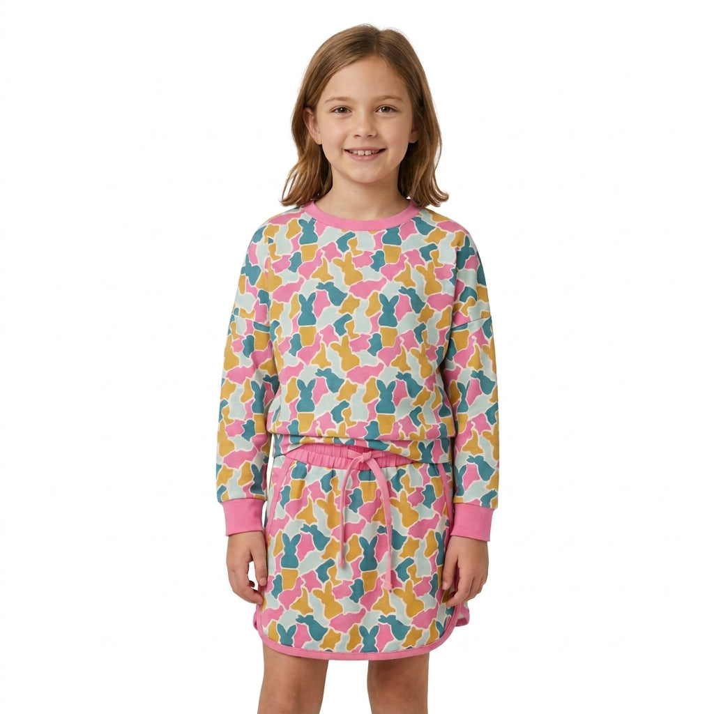 GLD1825 Colorful Bunny Camo Print Long Sleeve Top Skort Girls Easter Clothes Set