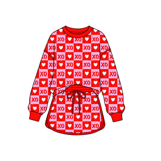 9.12 GLD1826 Preorder XO Heart Checkered Print Long Sleeve Top Skirts Girls Valentine's Day Clothes Set