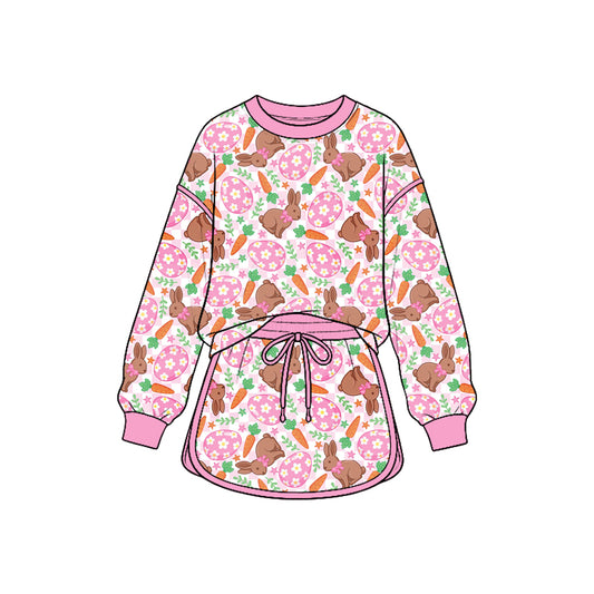 9.25 GLD1830 Preorder Bunny Eggs Carrot Checkered Print Long Sleeve Top Skort Girls Easter Clothes Set