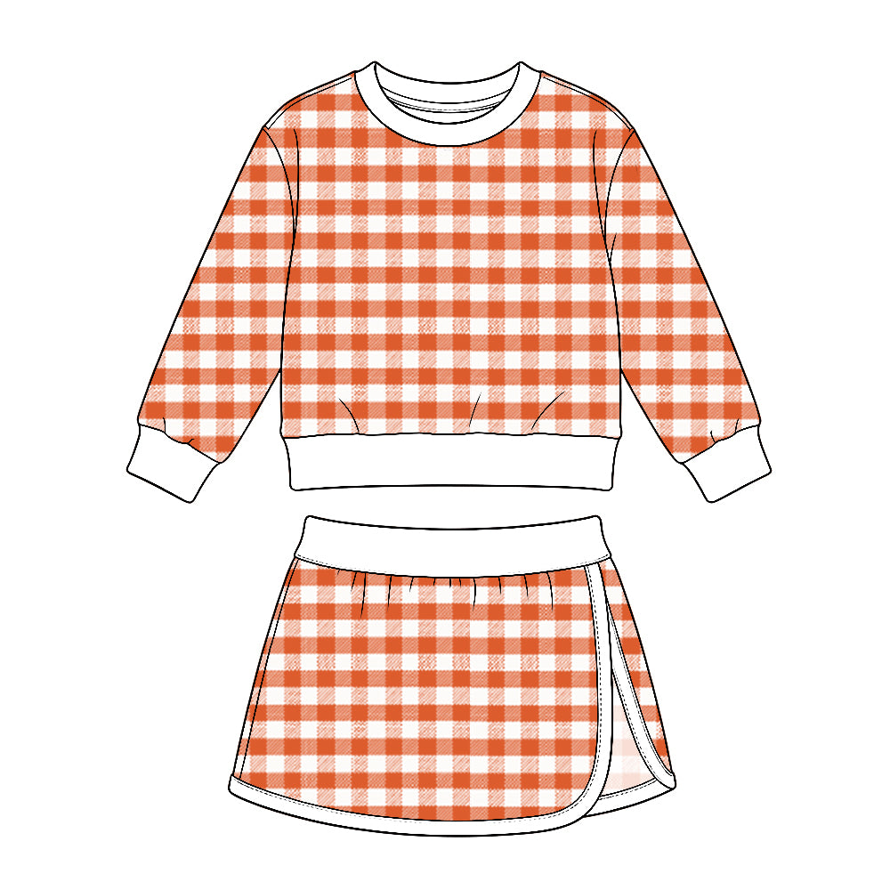10.5 GLD1834 Preorder Orange Checkered Top Skirts Girls Yoga Clothes Set