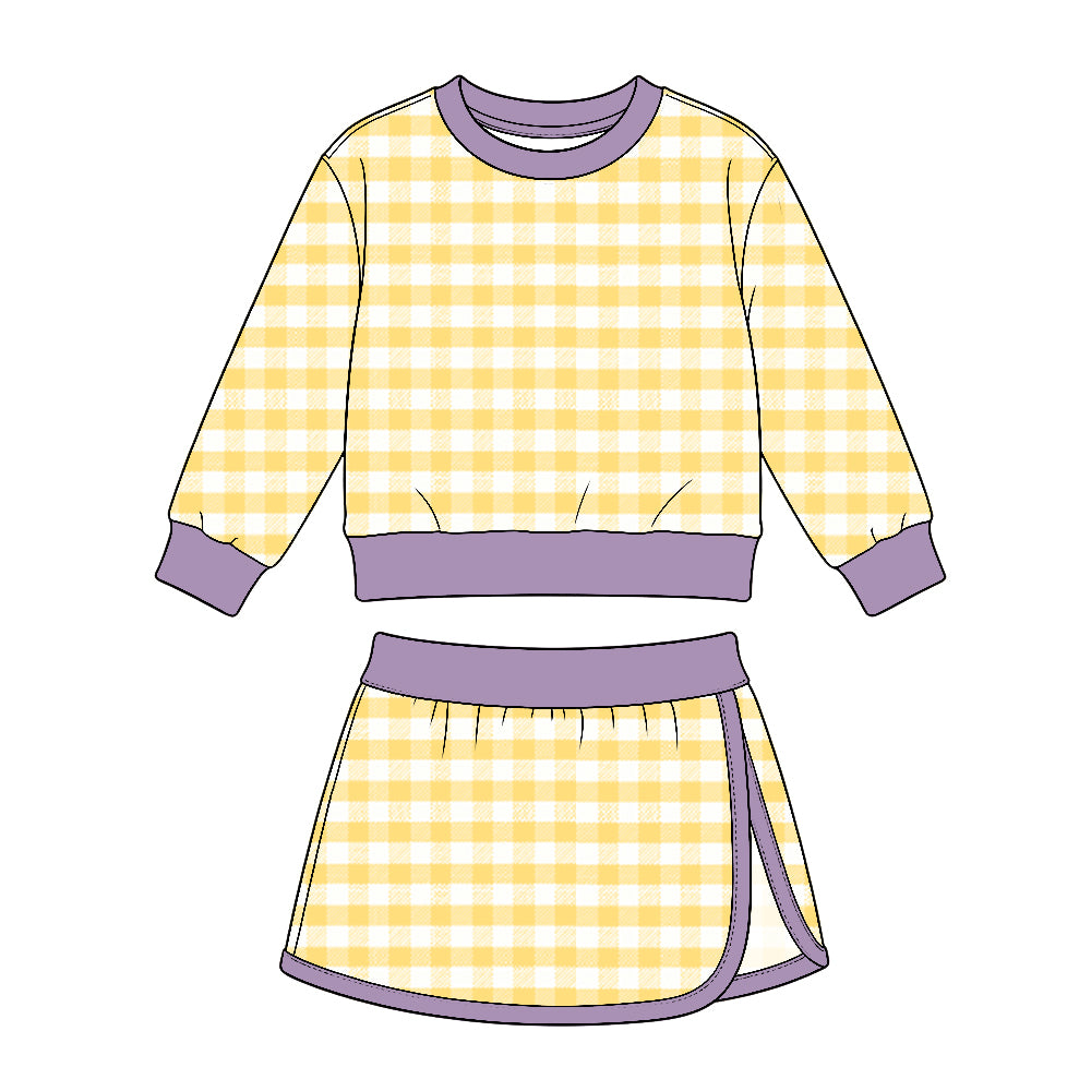10.5 GLD1835 Preorder Yellow Checkered Print Purple Edge Top Skirts Girls Yoga Clothes Set