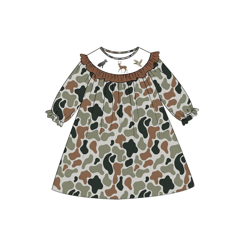 10.30 GLD1840 Preorder Duck Dog Deer Camo Print Girls Knee Length Dress