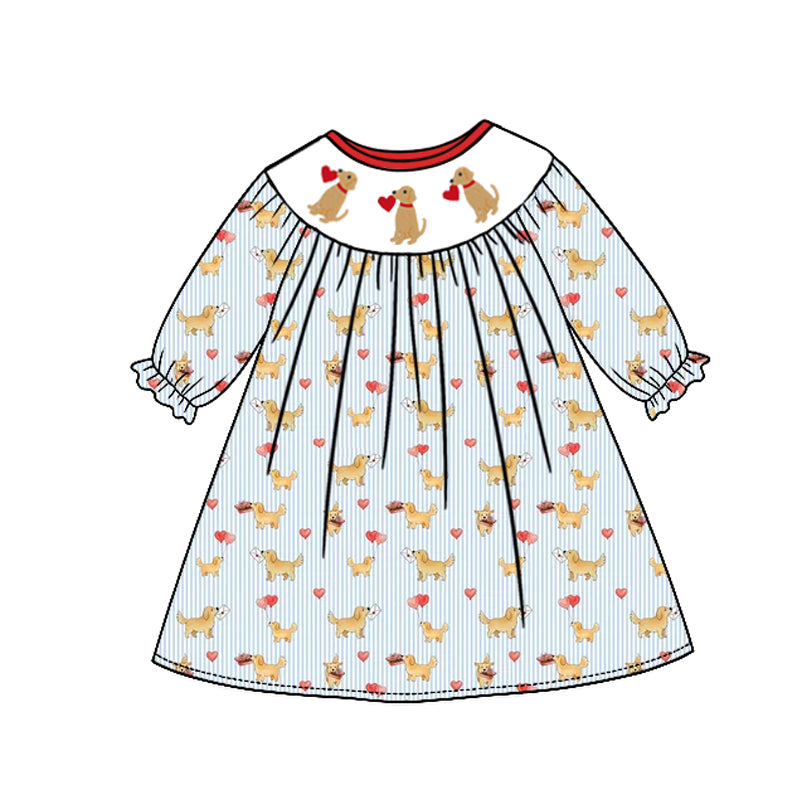 10.30 GLD1843 Preorder Puppy Hearts Stripes Print Girls Valentine's Day Knee Length Dress