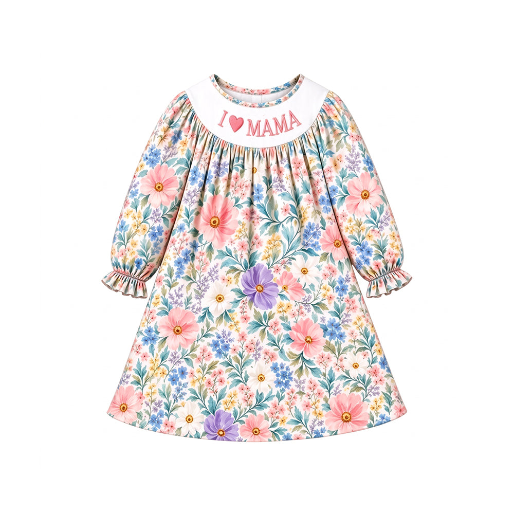 10.30 GLD1845 Preorder I LOVE MAMA Colorful Flowers Print Girls Knee Length Dress