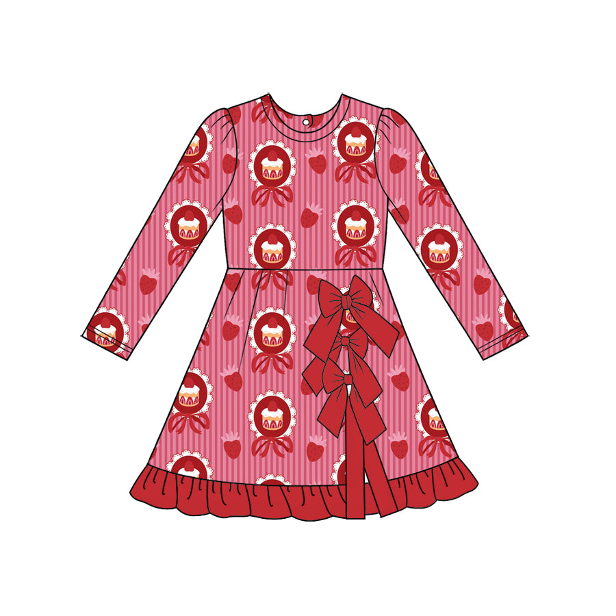 10.30 GLD1846 Preorder Cake Bows Stripes Print Girls Valentine's Day Knee Length Dress