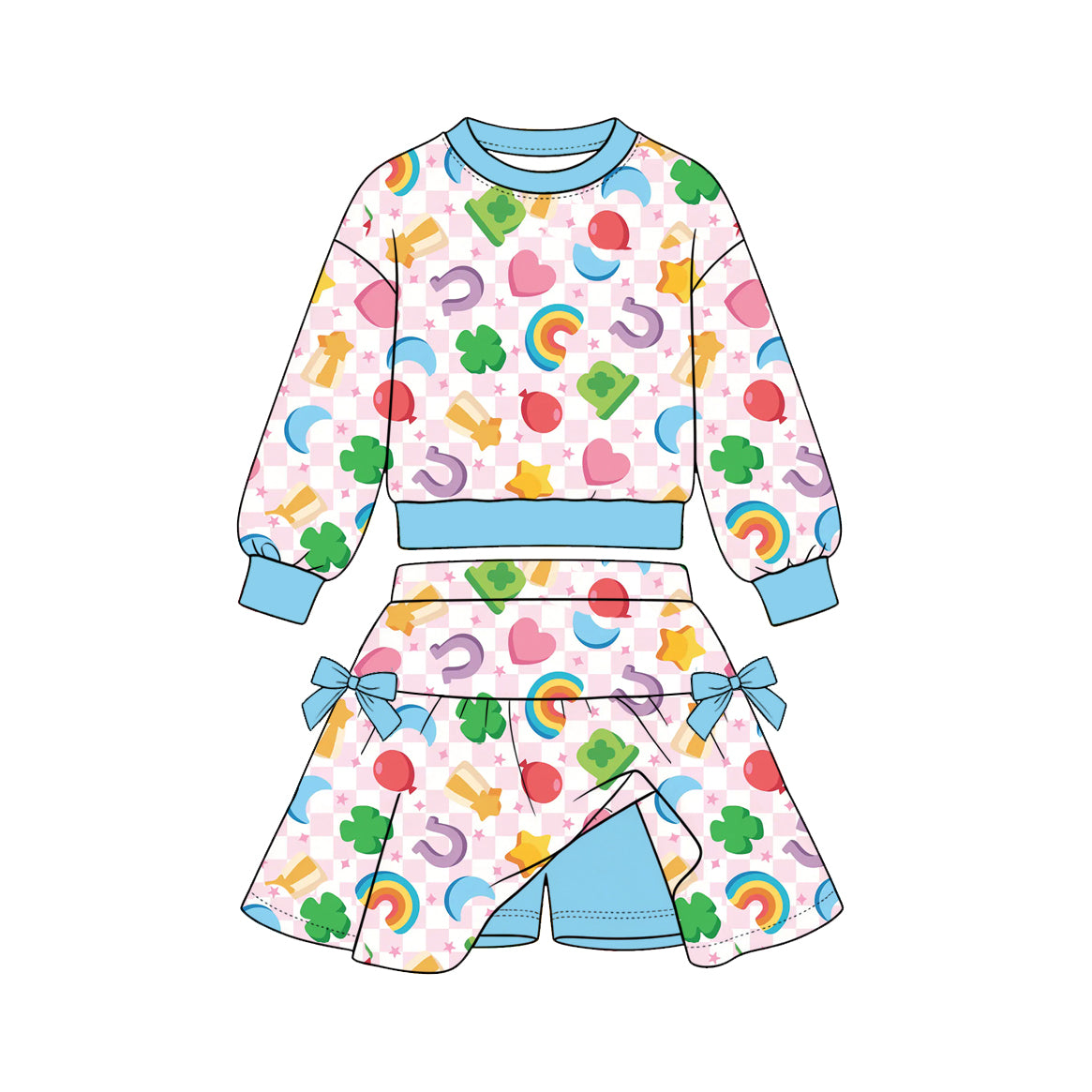 10.30 GLD1848 Preorder Kids  Girls St. Patrick's Day Checkered Lucky Charm  Long Sleeve Skort Outfit