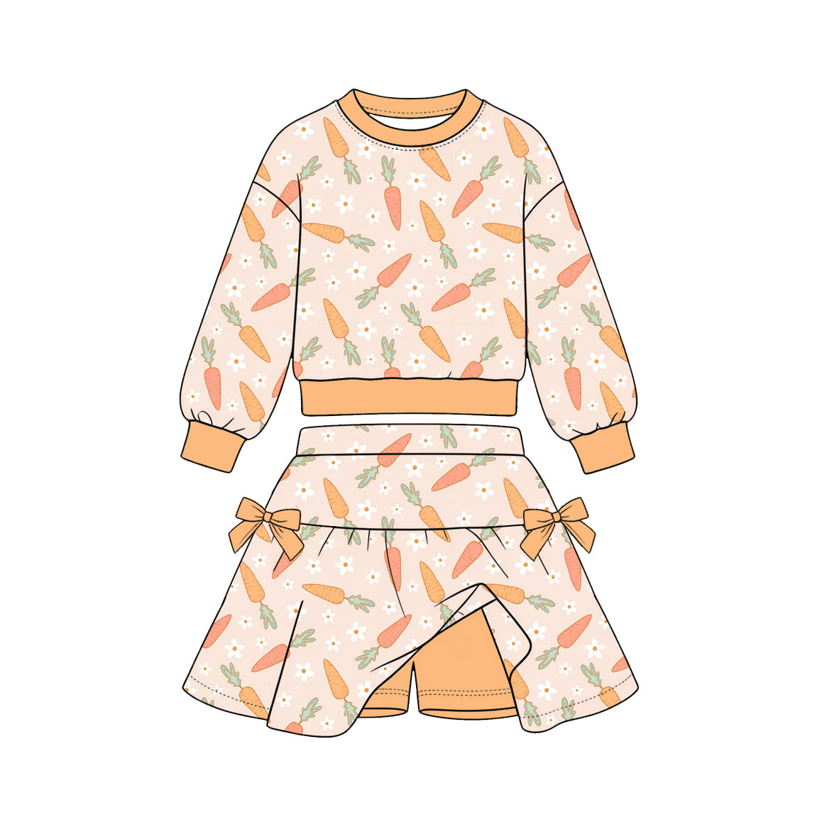 10.30 GLD1850 Preorder Kids  Girls Easter carrot Long Sleeve Top Skort Outfit
