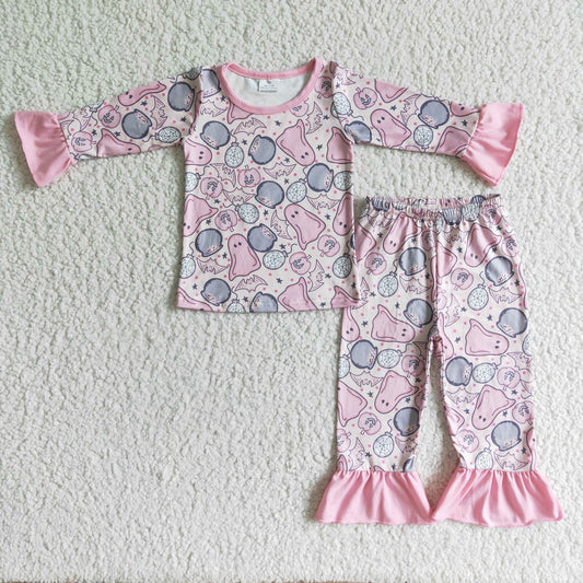 GLP0003 Ghost Pink Print Girls Halloween Pajamas Clothes Set