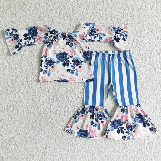 (Promotion) GLP0004 Navy Pink Flowers Top Bell Pants Girls Clothes Set