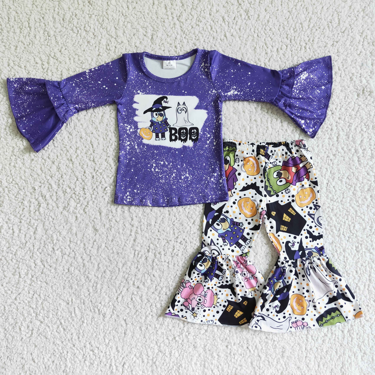 GLP0007 Cartoon Dog BOO Purple Top Bell Pants Girls Halloween Clothes Set