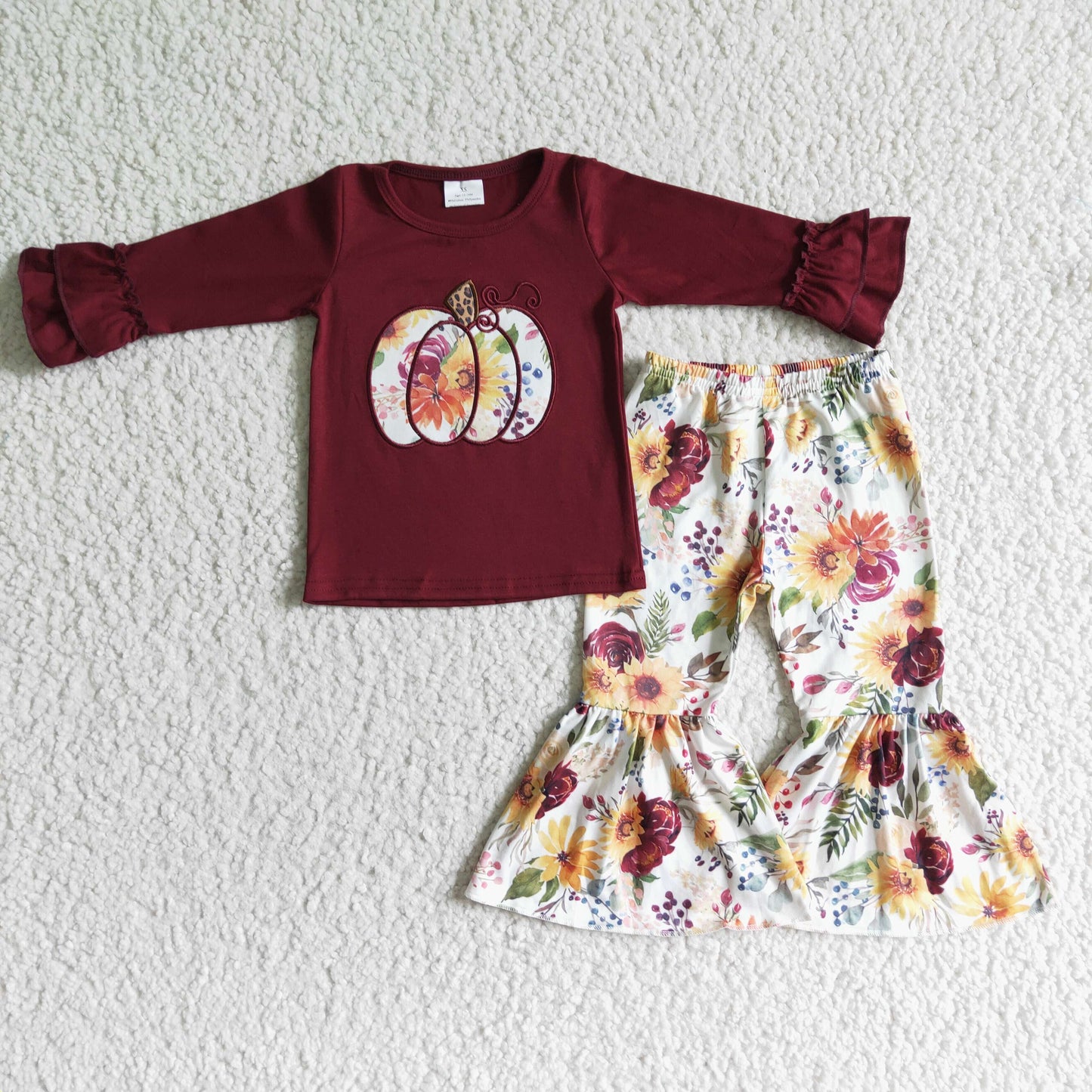 GLP0016 Pumpkin Embroidery Wine Top Flora Bell Pants Girls Fall Outfits