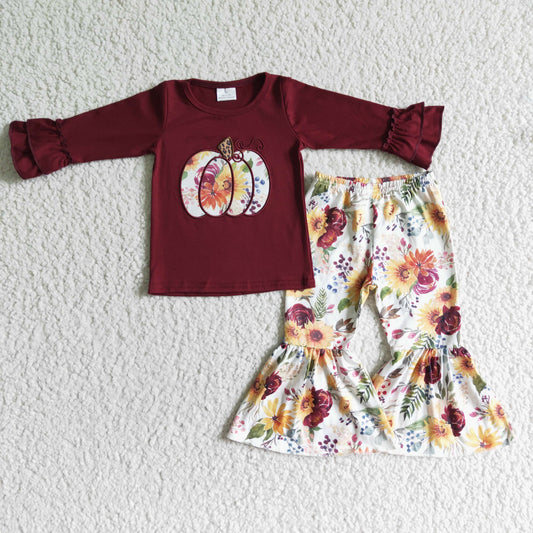 GLP0016 Pumpkin Embroidery Wine Top Flora Bell Pants Girls Fall Outfits