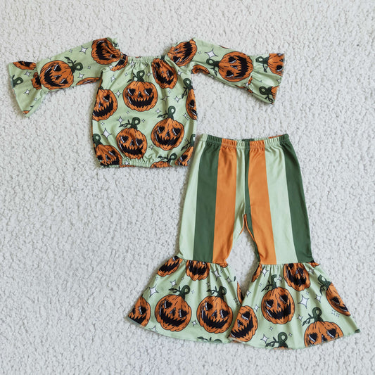 GLP0023 Pumpkin Top Stripes Bell Pants Girls Halloween Clothes Set