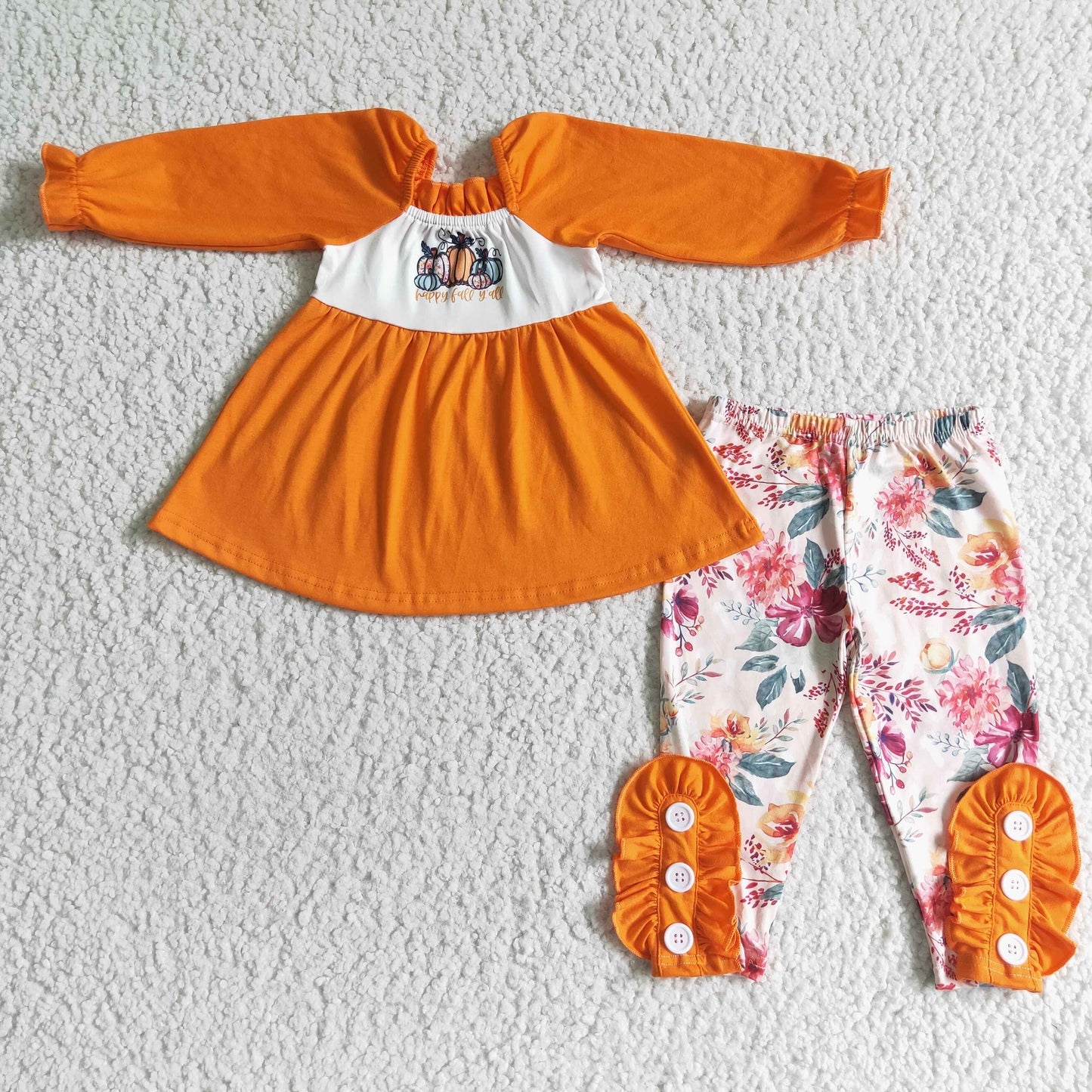 GLP0024 Happy Fall Y'all Orange Tunic Top Pumpkin Flowers Legging Pants Girls Clothes Set