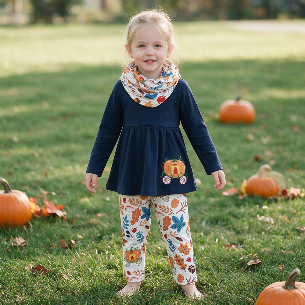 GLP0051 Pumpkin Embroidery Navy Tunic Top Legging Pants Girls Fall 3 Pieces Clothes Set