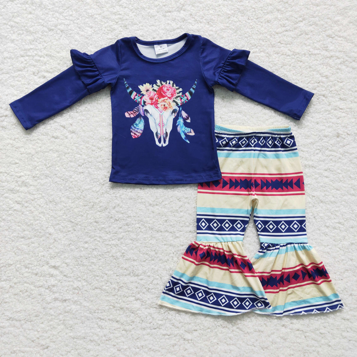 GLP0055 Cow Skull Navy Top Bell Pants Girls Clothes Set