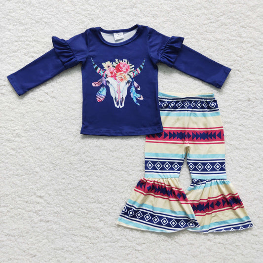 GLP0055 Cow Skull Navy Top Bell Pants Girls Clothes Set