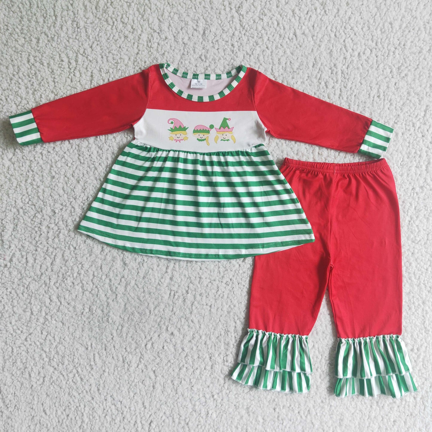 GLP0057 Cartoon Shelf Stripes Tunic Top Ruffle Pants Girls Christmas Clothes Set