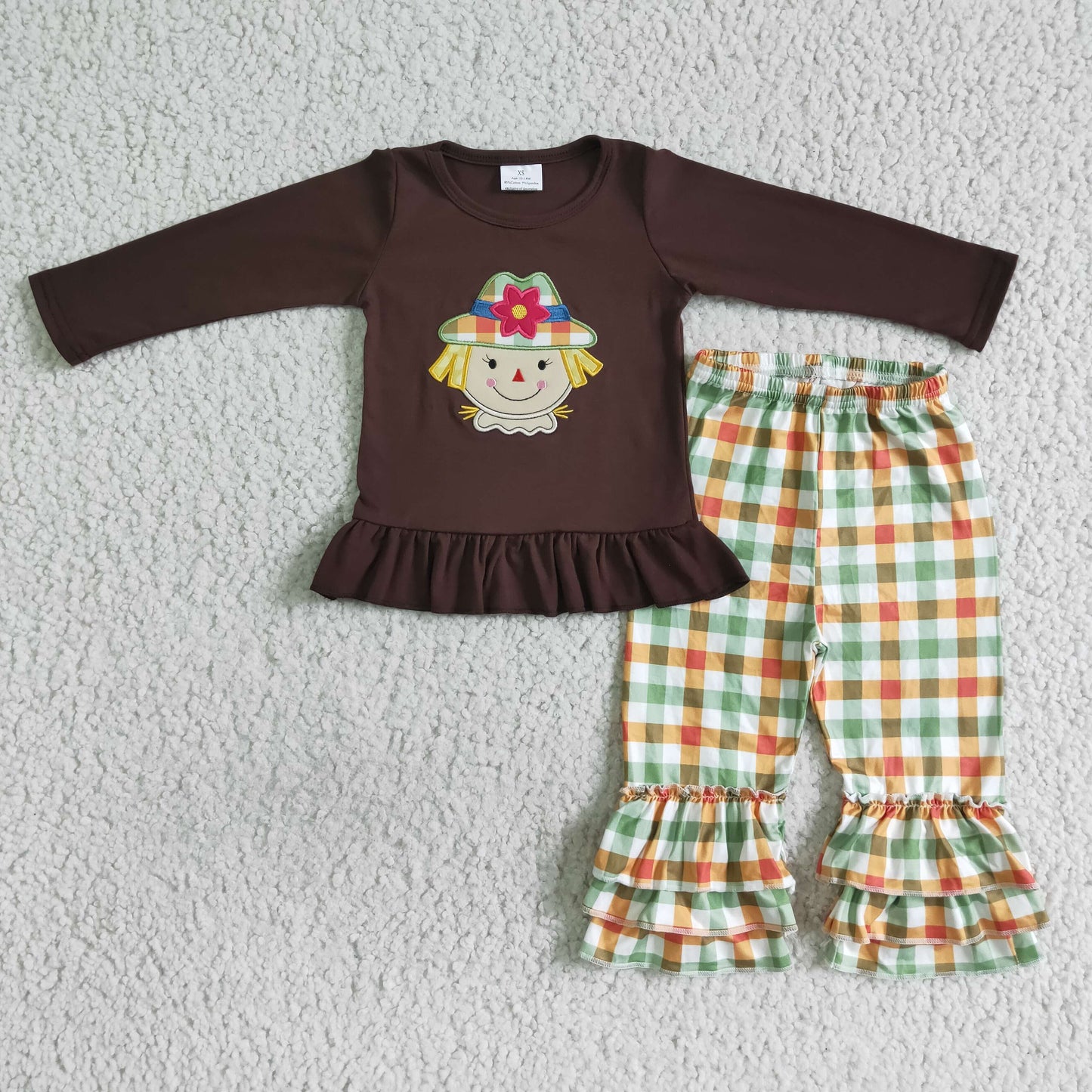 GLP0058 Scarecrow Embroidery Brown Top Plaid Pants Girls Fall Clothes Set