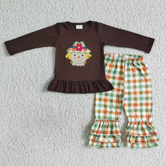 GLP0058 Scarecrow Embroidery Brown Top Plaid Pants Girls Fall Clothes Set