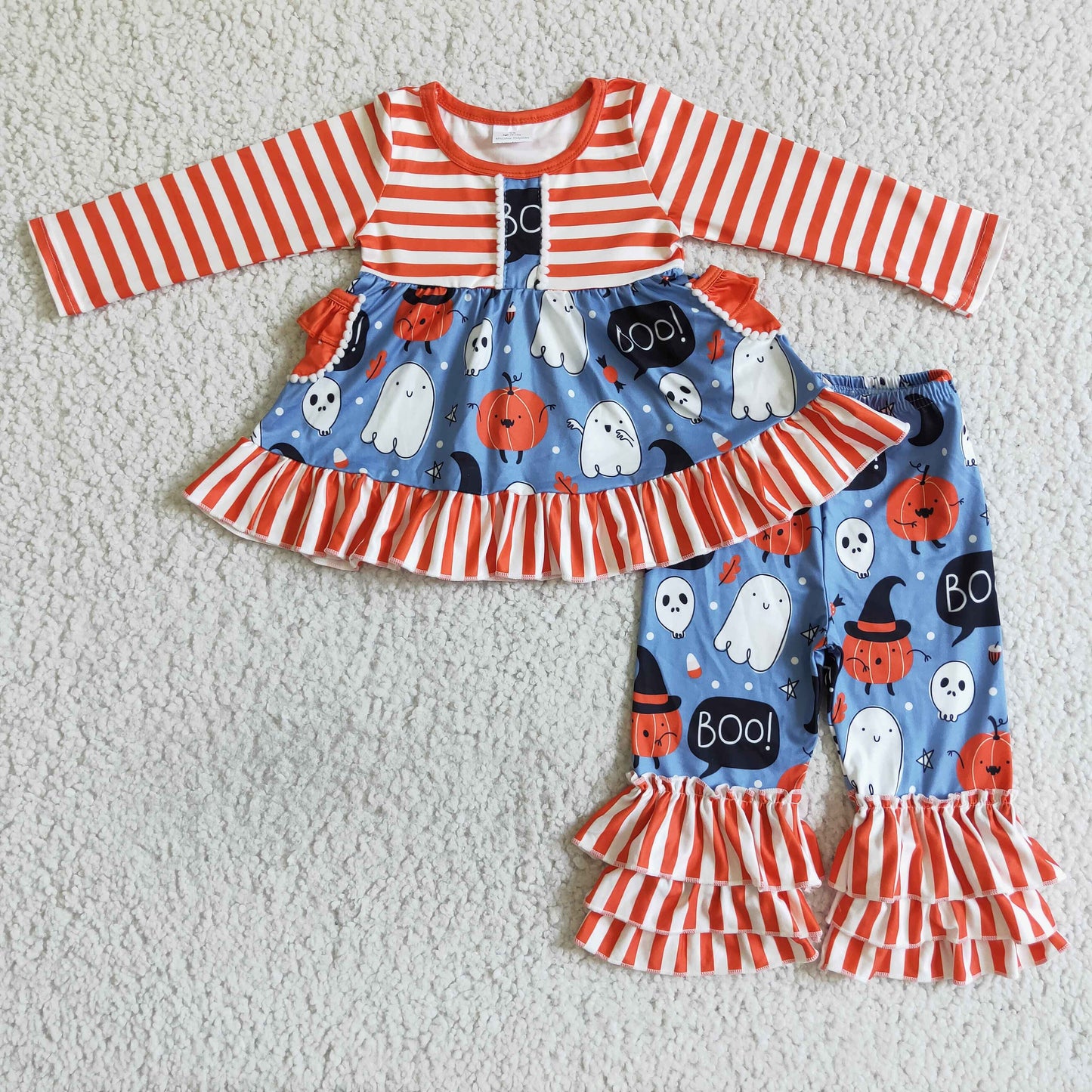 GLP0077 Ghost Pumpkin Boo Stripes Tunic Top Ruffle Pants Girls Halloween Clothes Set