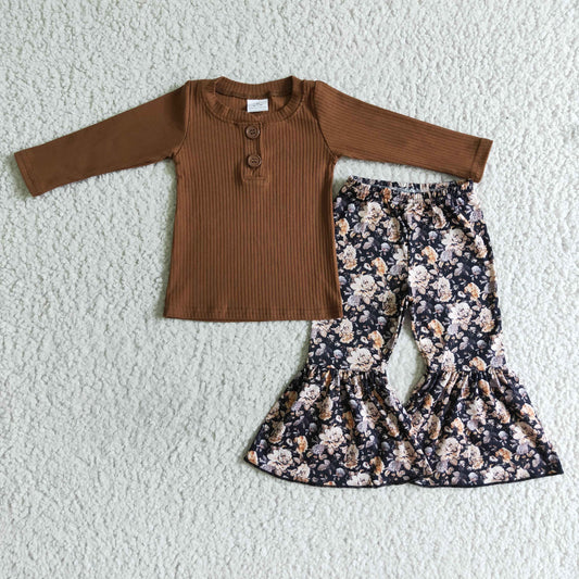 GLP0079 Brown Ribbed Top Flowers Bell Pants Girls Fall Clothes Set