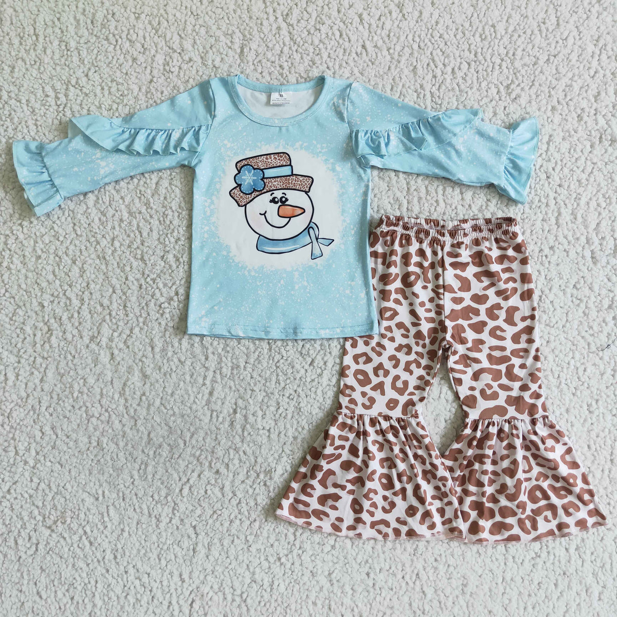GLP0093 Snowman Blue Top Leopard Bell Pants Girls Clothes Set