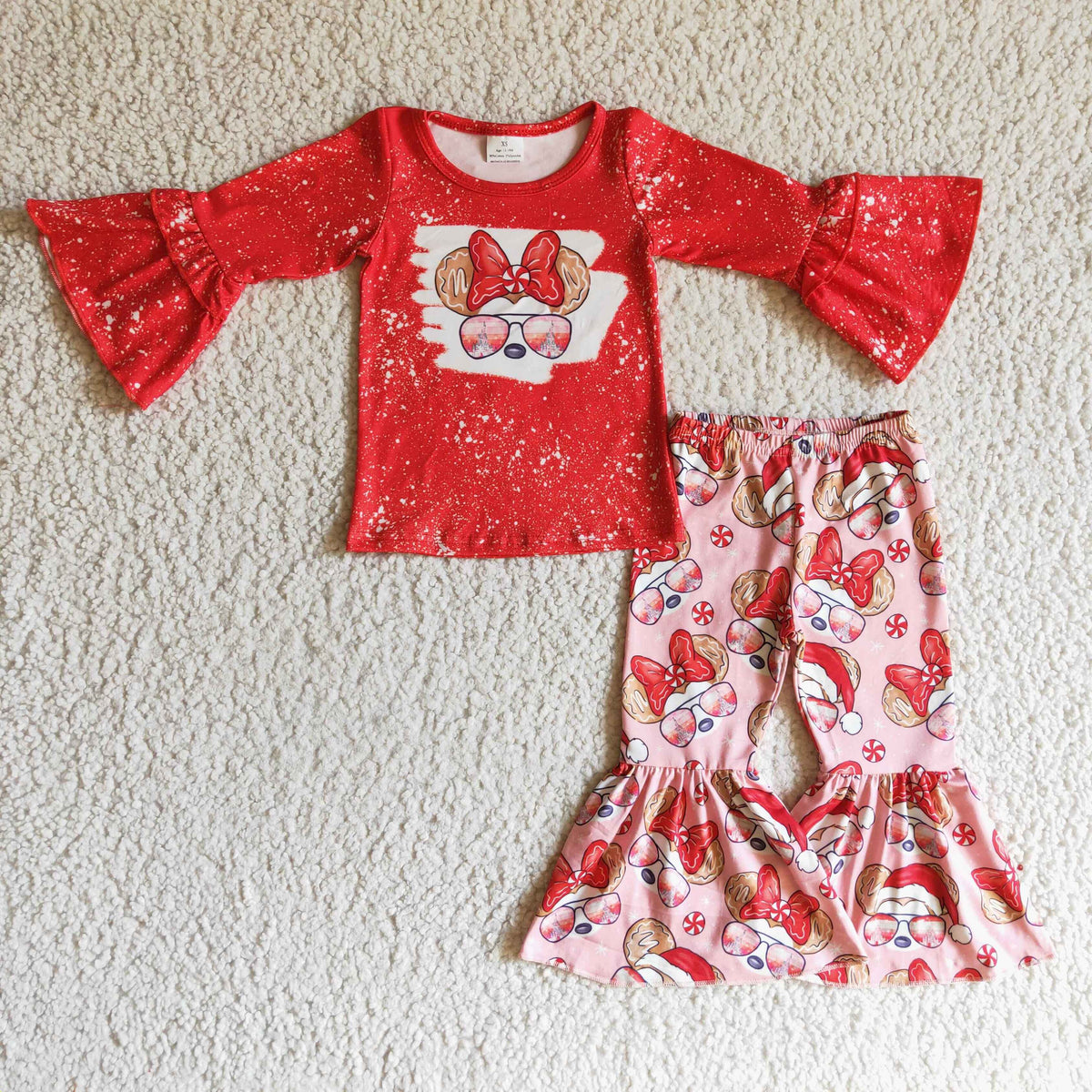 GLP0096 Cartoon Mouse Red Top Candy Bell Pants Girls Christmas Clothes Set