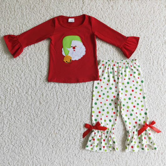 GLP0099 Santa Embroidery Red Top Dots Ruffle Pants Girls Christmas Clothes Set