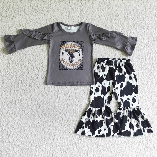 (Promotion)GLP0102 Howdy Cow Skull Grey Top Bell Pants Girls Clothes Set