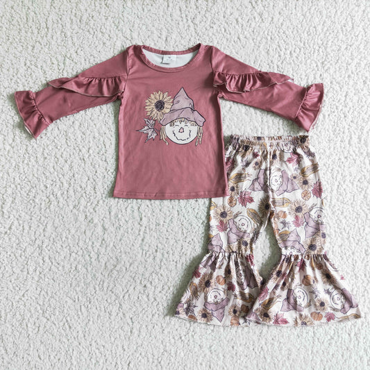 GLP0104 Sunflower Scarecrow Top Bell Pants Girls Fall Clothes Set
