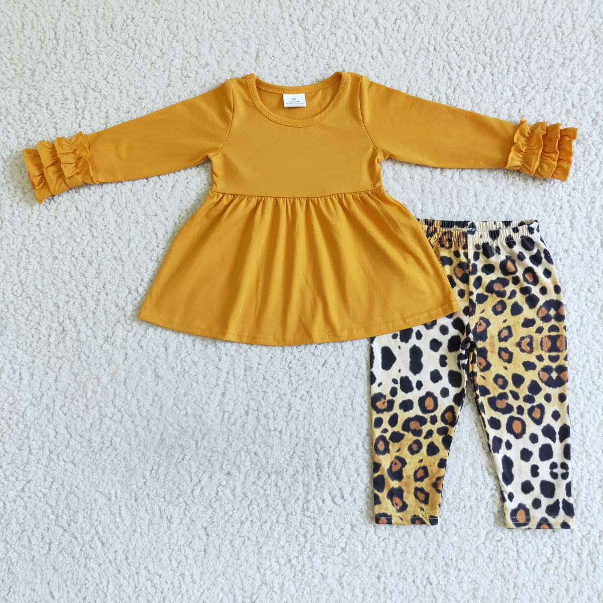 GLP0109 Mustard Tunic Top Leopard Pants Girls Clothes Set