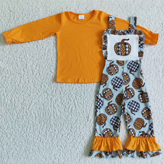 GLP0114 Orange Top Pumpkin Overall Jumpsuits Girls Fall Clothes Set