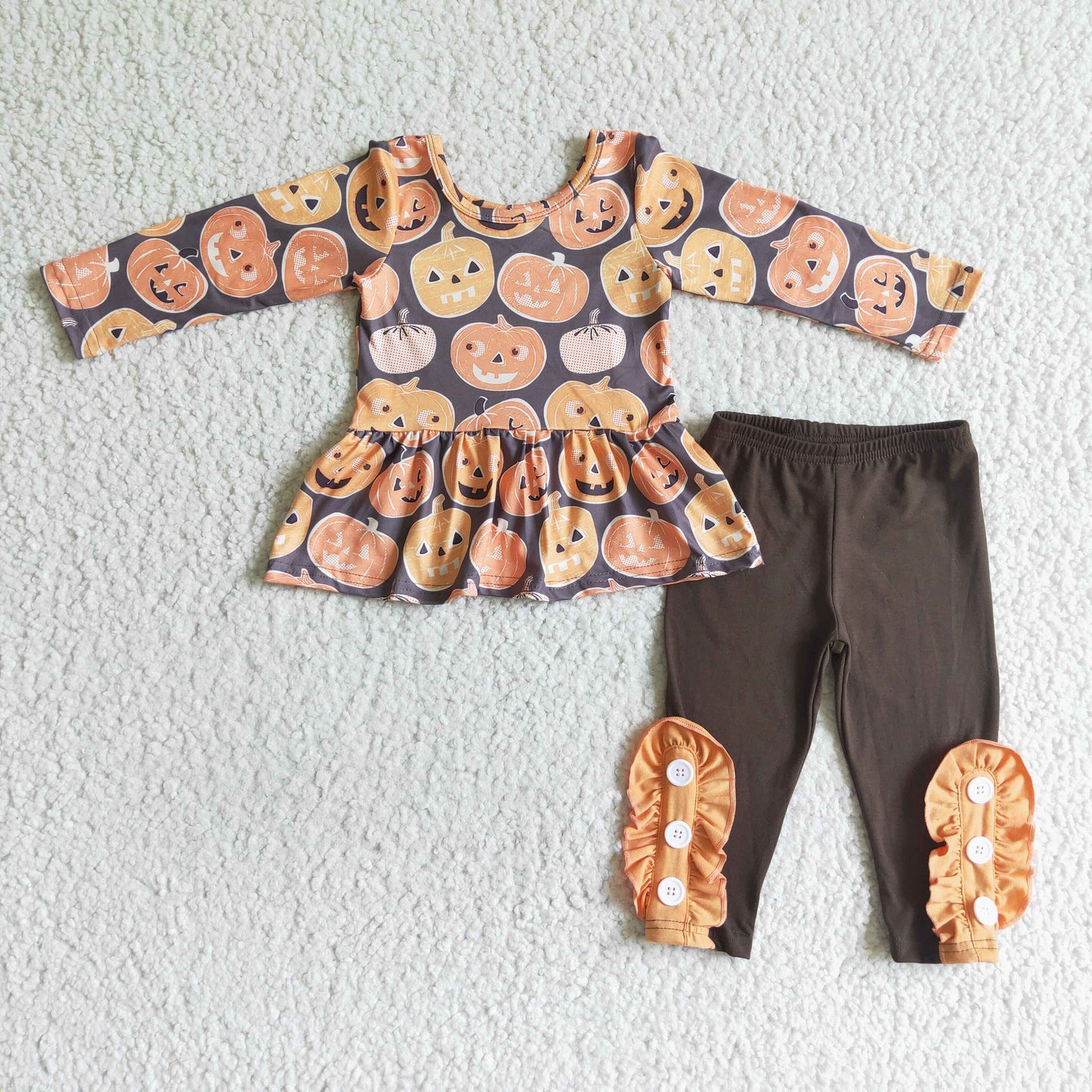 GLP0116 Pumpkin Top Brown Pants Girls Halloween Clothes Set