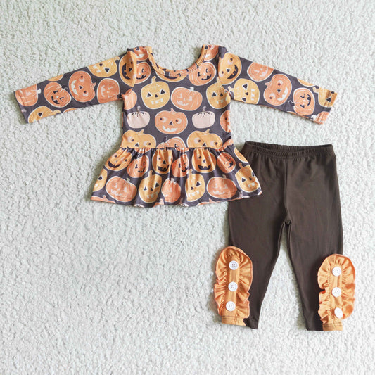 GLP0116 Pumpkin Top Brown Pants Girls Halloween Clothes Set