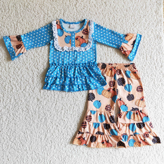 GLP0126 Blue Dots Ruffle Top Pumpkin Bell Pants Girls Fall Clothes Set